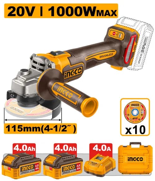 AMOLADORA ANGULAR 4-1/2" BL 20V 1000W + 2 BAT 4.0AH + CARG + MALETA INGCO