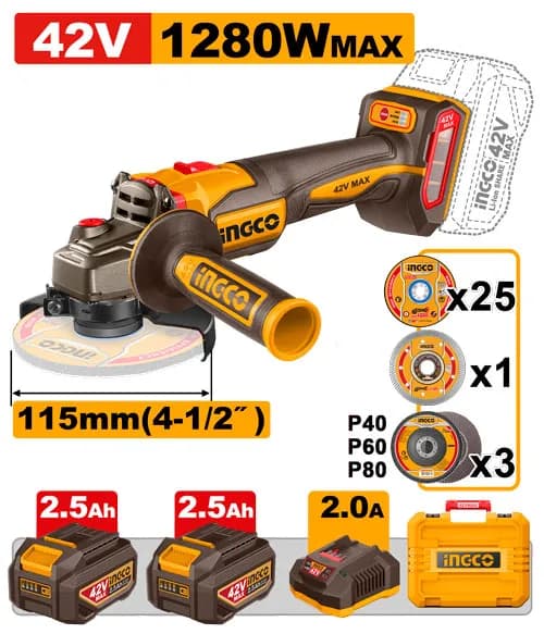 AMOLADORA ANGULAR 4-1/2 BL 42V 1280W + 2 BAT 2.5AH + CARG + MALETA INGCO.