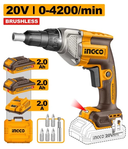 ATORNILLADOR INALAMBRICO PARA YESO 1/4" HEX BL 20V 4200RPM + 2 BAT 2.0AH + CARG + MALETA INGCO