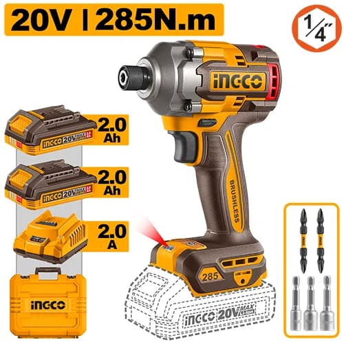ATORNILLADOR DE IMPACTO 1/4"" BL 20V 285N.M + 2 BAT 2.0AH + CARG + MALETA INGCO