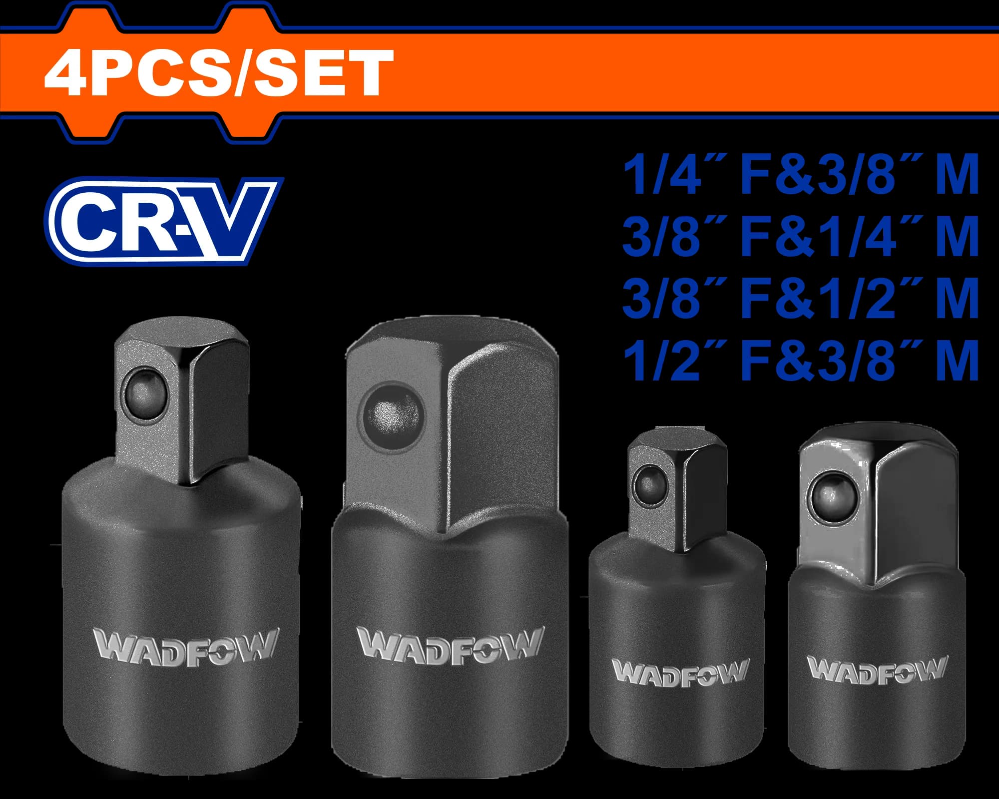 ADAPTADOR DE DADOS DE IMPACTO 4PCS 1/4"(F)&3/8"(M) 3/8"(F)&1/4"(M) 3/8"(F)&1/2"(M) 1/2"(F)&3/8"(M) WADFOW