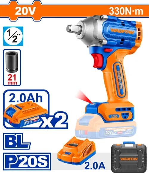 LLAVE DE IMPACTO INALAMBRICA 1/2" BL 20V 330N.M + 2 BAT 2.0AH + CARG + MALETA WADFOW