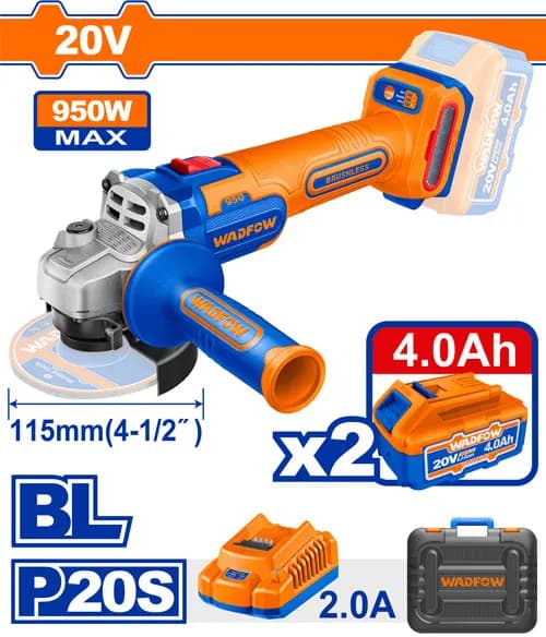 AMOLADORA ANGULAR 4 1/2'' BL 20V + 2 BAT 4.0AH + CARG + MALETA WADFOW